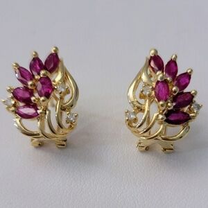 14kt Yellow Gold Marquee Cut Ruby and Diamond Earrings.